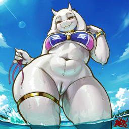 4_fingers anthro big_breasts bikini bikini_top bottomless bracelet breasts clothed clothing curvy_figure day eyelashes fangs female fingers floppy_ears fur genitals horn jewelry legband long_ears low-angle_view mature_anthro mature_female outside partially_submerged solo standing swimwear teeth thick_thighs thighband two-piece_swimsuit voluptuous vulva water wet white_body white_fur wide_hips lubos undertale_(series) toriel boss_monster_(undertale) bovid caprine mammal 1:1 absurd_res hi_res portrait signature three-quarter_portrait