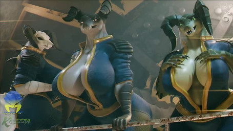 anthro big_breasts big_butt bouncing_breasts breasts butt cleavage clothed clothing female group holding_breast horn huge_breasts nipple_outline sharp_teeth tail teeth thick_tail thick_thighs tight_clothing trio vault_suit wide_hips novafist_3d fallout microsoft deathclaw scalie 3d_(artwork) 3d_animation animated digital_media_(artwork) short_playtime sound video