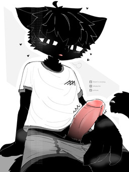 4_fingers anthro black_body black_fur blush bodily_fluids briefs cat_tail clothed clothing clothing_pull dripping erection fingers fur genital_fluids genitals grey_briefs grey_clothing grey_underwear hair heart_symbol humanoid_genitalia humanoid_penis leaking_precum leaning leaning_backward leaning_on_table male musk musky_penis open_mouth pantsless penile penis precum precum_drip precum_string shirt simple_background solo tail topwear underwear underwear_pull white_clothing white_shirt white_topwear bikabe3m katsuroki_(bikabe3m) domestic_cat felid feline felis mammal 2026 3:4 digital_media_(artwork) watermark