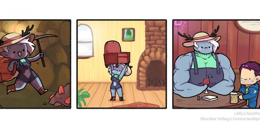 4_fingers 4_panel_comic antlers arms_bent axe backpack baseboard black_antlers black_eyes blue_body blue_clothing blue_coat blue_overalls blue_skin blue_topwear blush bodily_fluids boots bottomwear breasts brown_backpack brown_boots brown_clothing brown_footwear brown_wall cave clothed clothed_female clothed_human clothed_humanoid clothed_male clothing coat container copyright_symbol cup date dot_eyes drinking_glass duo female female_humanoid fingers fireplace five_o'clock_shadow floor footwear forest forest_background fully_clothed fully_clothed_female fully_clothed_human fully_clothed_humanoid fully_clothed_male furniture glass glass_container glass_cup grass green_clothing green_shirt green_tank_top green_topwear grey_bottomwear grey_clothing grey_hair growth hair hat headgear headwear holding_axe holding_beer_mug holding_container holding_cup holding_drinking_glass holding_furniture holding_object holding_pickaxe holding_wine_glass horn inside larger_female larger_humanoid log male medium_breasts mine motion_lines muscle_growth muscular muscular_arms muscular_female muscular_humanoid nature nature_background no_eyebrows noseless not_furry open_clothing open_coat open_mouth open_smile open_topwear outside overalls picture_frame plant purple_hair queen red_chair rock royalty shirt shoes short_hair simple_eyes size_difference smaller_human smaller_male smile standing sun_hat sweat sweaty_arms sweaty_legs symbol table tan_body tan_skin tank_top text title topwear tree walking wall_(structure) window wine_glass wood wood_floor yellow_wall gaelfox stardew_valley gael_(gaelfox) shane_(stardew_valley) horned_humanoid human humanoid lich mammal undead 2020 colored comic copyright_name digital_media_(artwork) english_description english_text hi_res shaded