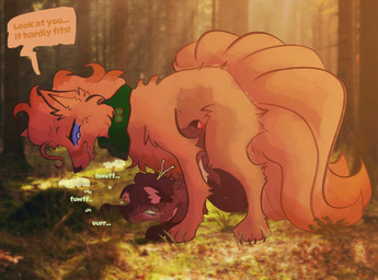 animal_genitalia animal_penis blue_eyes brown_body brown_fur canine_genitalia canine_penis dialogue duo evolutionary_family fangs female female_feral female_penetrated feral feral_on_feral feral_penetrated feral_penetrating feral_penetrating_feral forest from_behind_position fur genitals larger_feral larger_male male male/female male_feral male_penetrating male_penetrating_female moan mounting multi_tail neckwear orange_body orange_fur outside penetration penis plant sex size_difference smaller_female smaller_feral smaller_penetrated smile speech_bubble tail teeth text tree wispyvixen nintendo pokemon firetail_(kuviare) canid canine generation_1_pokemon mammal ninetales pokemon_(species) vulpix 2023 english_text hi_res