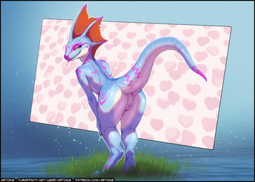 anthro anus bedroom_eyes blue_body butt digitigrade female fin genitals glistening hands_on_knees hands_on_legs head_fin heart_symbol looking_at_viewer looking_back looking_back_at_viewer narrowed_eyes nude nude_anthro nude_female outside presenting presenting_anus presenting_hindquarters presenting_vulva raised_tail rear_view seductive smile smiling_at_viewer solo tail text thick_tail tongue tongue_out vulva artonis kobold scalie artist_name full-length_portrait hi_res portrait url