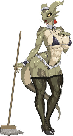 abs anthro athletic athletic_female big_breasts bikini black_sclera bodily_fluids breasts broom camel_toe cleaning_tool clothing female flying_sweatdrops footwear furgonomics high_heels horn legwear lingerie maid_headdress muscular muscular_anthro muscular_female navel non-mammal_breasts non-mammal_navel scales shoes simple_background solo sweat sweatdrop swimwear tail tail_clothing thick_thighs thigh_highs two-piece_swimsuit white_background wide_hips nisetanaka microsoft the_elder_scrolls elizabeth_(nisetanaka) argonian scalie 2026 hi_res