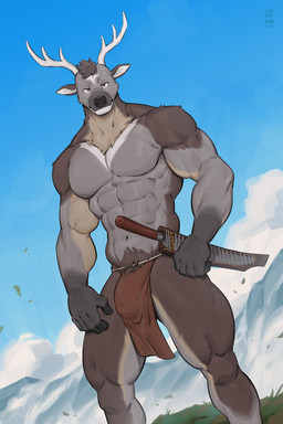 abs anthro bottomwear brown_body brown_eyes bulge chest_tuft clothed clothing detailed_bulge front_view genital_outline horn katana loincloth loincloth_only looking_at_viewer male melee_weapon muscular muscular_anthro muscular_male navel partially_clothed penis_outline pubes solo sword thick_thighs topless tuft weapon canyne_khai deer mammal 2:3 hi_res
