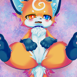 anus blue_eyes blush butt chest_tuft collar female feral fur genitals heterochromia inner_ear_fluff legs_up lying multicolored_body multicolored_fur on_back open_mouth orange_body orange_eyes orange_fur pawpads plant semi-anthro solo spread_legs spreading tuft vulva white_body white_fur young young_female young_feral rusho canid canine fox mammal 1:1 hi_res