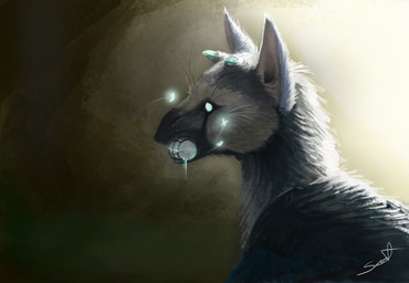 2_horns ambiguous_gender barrel blue_body blue_eyes blue_fur bodily_fluids empty_eyes feral fur glowing glowing_eyes grey_body grey_fur horn looking_forward object_in_mouth saliva short_horn side_view simple_background small_horn snout solo whiskers white_body white_fur jadedragoness the_last_guardian trico_(the_last_guardian) ambient_arthropod ambient_butterfly ambient_insect trico_(species) 2017 bust_portrait digital_media_(artwork) digital_painting_(artwork) painting_(artwork) portrait signature