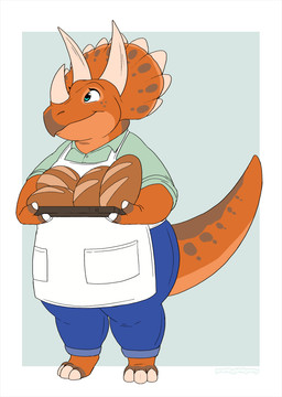 anthro apron bread clothing female food looking_aside smile solo standing thick_thighs prettypinkpony ceratopsian ceratopsid chasmosaurine dinosaur marginocephalian ornithischian prehistoric_species reptile scalie triceratops