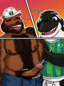 alternate_species anthro anthrofied armor aroused barazoku beard belly_hair bodily_fluids body_hair buckteeth chest_hair circumcised clothing denim duo facial_hair furrification genital_fluids genitals glistening glistening_genitalia glistening_nipples glistening_penis goatee hard_hat headgear helmet jersey lowered_pants male male/male mascot moan moobs musclegut muscular mustache nipples object_in_urethra onomatopoeia overweight overweight_male penetration penis portland_timbers precum pubes sammy_the_sounder seattle_sounders shirt slightly_chubby slightly_chubby_male sound_effects sounding_rod teeth text timber_joey topwear urethral urethral_penetration onikuma_(artist) mls aquatic beaver cetacean dolphin mammal oceanic_dolphin orca rodent toothed_whale 3:4 hi_res
