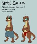 anthro bottomwear brown_body brown_fur clothed clothing countershading eyewear fangs fur goggles green_eyes male off/on shorts solo speedo standing swimwear tan_body tan_fur teeth text topless doesnotexist bryce_daeless eurasian_otter lutra mammal mustelid otter river_otter 2017 digital_media_(artwork) english_text hi_res model_sheet