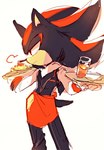 anthro beverage black_body black_fur black_nose clothed clothing food fur holding_object male plate red_body red_eyes red_fur serving serving_beverage serving_food simple_background solo waiter weon1119 sega sonic_the_hedgehog_(series) shadow_the_hedgehog eulipotyphlan hedgehog mammal