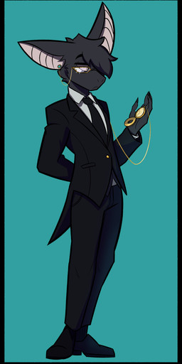 accessory anthro black_body black_border black_bottomwear black_clothing black_footwear black_hair black_pants black_shoes black_suit border bottomwear checking_time clock clothing collared_shirt dress_shirt ear_piercing earhole eye_markings eyewear footwear formal_wear glasses glasses_chain hair hand_behind_back holding_pocketwatch male markings necktie pants piercing pocketwatch serious shirt shoes simple_background solo standing suit suit_and_tie teal_background topwear watch white_clothing white_markings white_shirt white_topwear suitedwolfie cain_(suitedwolfie) bat mammal wingless_bat 2026 absurd_res digital_media_(artwork) full-length_portrait hi_res portrait