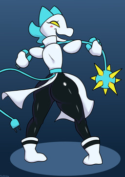 anthro armless armor big_butt blue_hair blush butt cable_tail female glistening glistening_body hair mace melee_weapon pauldron smile solo thick_thighs weapon yellow_eyes razbunny deltarune undertale_(series) tasque_manager absurd_res hi_res