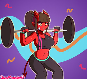 accessory amber_eyes athletic athletic_female athletic_humanoid athletic_wear bandage barbell barbell_squats bodily_fluids breasts clothing crouching exercise eyelashes female fingerless_gloves gloves hair hair_accessory hairband handwear horn humanoid_pointy_ears long_hair midriff pointy_ears ponytail red_body red_skin solo spade_tail squats sweat tail weightlifting workout scruffmuhgruff meru_(merunyaa) demon demon_humanoid horned_humanoid humanoid 2019 2d_animation animated animated_gif short_playtime signature