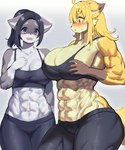 abs anthro big_breasts black_body black_bottomwear black_bra black_clothing black_fur black_pants black_sports_bra black_underwear blonde_hair blush bodily_fluids bottomwear bra breasts brown_body brown_fur cleavage clothed clothing duo female fur grey_background grey_body grey_eyes grey_fur hair huge_breasts kemono looking_at_breasts muscular muscular_female navel open_mouth pants simple_background sports_bra standing sweat tail thick_thighs underwear yellow_body yellow_fur yoga_pants miyanokoko sports_bra_difference_meme tsukareta-inu_no_anime harena_cordell-levine reiko_oogami canid mammal hi_res