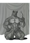 abs anthro balls big_muscles big_penis claws curtains feathers fur genitals humanoid_genitalia humanoid_penis kneeling male markings muscular muscular_male nude open_mouth pecs penis smile solo spots spotted_body spotted_fur teeth tongue sudonym hyena mammal spotted_hyena hi_res