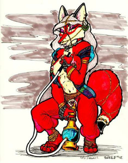anthro areola breasts claws clothing collar ear_piercing eyes_closed female fur genitals gold_(metal) gold_jewelry hair harem harem_jewelry harem_outfit hookah jewelry long_hair mostly_nude navel nipple_piercing nipples piercing simple_background solo translucent translucent_clothing vulva white_hair wolfkidd canid canine fox mammal red_fox true_fox 1992