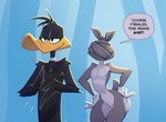 anthro beak biped black_body clothing dialogue duo exclamation_point eyebrows femboy fingers fur gloves gloves_only grey_body grey_fur grey_tail handwear handwear_only male mostly_nude multicolored_body question_mark short_tail speech_bubble tail text yellow_body bigdad looney_tunes warner_brothers bugs_bunny daffy_duck anatid anseriform avian bird duck lagomorph leporid mammal rabbit 2025 english_text