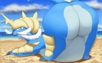 1_horn all_fours amber_eyes ambiguous_gender armor beach belly big_belly big_butt black_claws blep blue_body blurred_background bottom_heavy bottomless butt butt_focus cheek_tuft claws closed_smile clothed clothing cloud depth_of_field detailed_background digitigrade facial_hair facial_tuft feral headgear horn huge_belly huge_butt hyper hyper_butt looking_at_viewer looking_back looking_back_at_viewer mouth_closed multicolored_body multicolored_tail nude nude_feral ocean_floor outside overweight overweight_ambiguous overweight_feral presenting presenting_hindquarters quadruped raised_tail rear_view sand sea seaside seductive shadow smile solo tail thick_thighs tongue tongue_out tuft two_tone_body water wave whiskers white_tuft wide_hips yellow_body jesstheraccoon nintendo pokemon generation_5_pokemon mammal pokemon_(species) samurott 2025 digital_media_(artwork) digital_painting_(artwork) hi_res painting_(artwork) signature