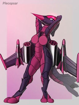 aircraft anthro breasts female hands_behind_head machine missiles non-mammal_breasts pink_body scales slim solo standing vehicle plecopsar su-34 aeromorph living_aircraft living_machine living_vehicle 3:4 hi_res shaded