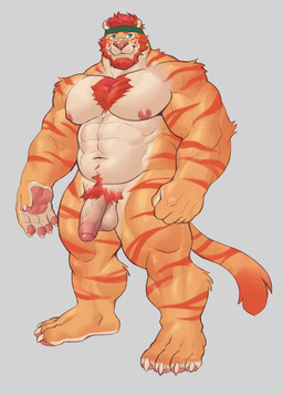 5_fingers anthro biped claws fingers foreskin genitals headband_only humanoid_genitalia humanoid_hands humanoid_penis male muscular muscular_anthro muscular_male muscular_thighs penis adios felid mammal pantherine tiger 2022 absurd_res hi_res
