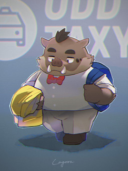 anthro backpack bottomwear bow_tie brown_body brown_fur clothing fur kemono male pants shirt slightly_chubby solo text topwear lagoon_bluebear odd_taxi kensuke_shibagaki_(odd_taxi) mammal suid suine sus_(pig) wild_boar 2021 3:4 hi_res