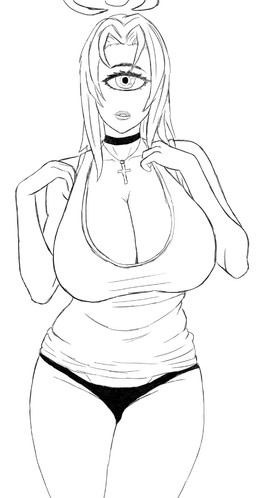 1_eye big_breasts bra_strap breasts choker cleavage clothed clothing cross cross_necklace eyelashes female hair halo huge_breasts jewelry legs_together lips long_hair looking_at_viewer necklace not_furry panties pantsless shirt simple_background solo tank_top topwear underwear white_background learntoartofftumblr lucatiel_(learntoartofftumblr) angel angel_humanoid cyclops humanoid 2026 absurd_res greyscale hi_res line_art monochrome