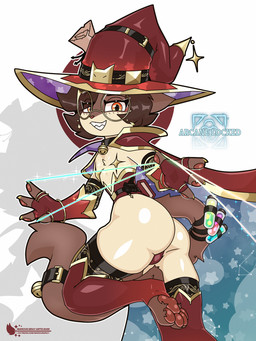 anthro bell bell_collar biped black_clothing black_legwear black_thigh_highs book brown_hair brown_tail butt cape cloak clothing collar eyewear femboy flask fluffy fluffy_tail glasses hair hat headgear headwear jewelry legwear looking_at_viewer looking_back looking_back_at_viewer magic magic_user male paper pasties pawpads purple_clothing purple_hat purple_headwear rear_view red_cloak red_clothing red_hat red_headwear red_legwear red_thigh_highs shadow simple_background smile smiling_at_viewer solo star tail tail_strap teeth text thigh_highs white_background wizard_hat wizard_robe marcus_gray patreon fio_(marcus_gray) domestic_cat felid feline felis mammal siamese_cat 2026 3:4 artist_name english_text hi_res url