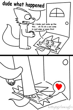 2_panel_comic >_< ambiguous_gender anthro beverage container cup dialogue door door_handle doorknob doormat duo eyes_closed fangs feet foot_fetish foot_focus foot_on_face heart_symbol holding_beverage holding_container holding_cup holding_object side_view speech_bubble tail teeth text transformation welcome_mat window wiping_feet kittytgirlswagfn doormat_(kittytgirlswagfn) partner_(kittytgirlswagfn) animate_inanimate canid canine canis mammal wolf 2025 comic comic_sans english_text hi_res monochrome watermark