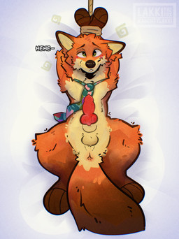 animal_genitalia animal_penis anthro anus balls bdsm bed bed_sheet bedding bedroom_eyes blush bondage bound canine_genitalia canine_penis dark_ears dark_paws digitigrade drunk fluffy furniture genitals green_eyes knot looking_at_viewer lying male male/male markings narrowed_eyes necktie on_back penis presenting presenting_penis red_body red_penis restraints rope rope_bondage seductive sheath smile solo substance_intoxication tail tail_markings tail_tuft teeth_showing text tuft lakkithefox disney zootopia nick_wilde canid canine fox mammal red_fox true_fox absurd_res hi_res