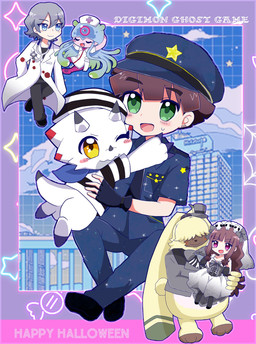 anthro black_tie_(suit) blush bow_tie carrying_another chibi clothing costume dress female green_eyes group halloween_costume holidays hug male nurse_clothing nurse_uniform one_eye_closed sailor_uniform smile suit uniform wedding_dress wink yellow_eyes juglans_b612 bandai_namco digimon digimon_ghost_game halloween hiro_amanokawa kiyoshiro_higashimitarai ruri_tsukiyono angoramon digimon_(species) gammamon human jellymon mammal hi_res