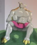 abs anthro balls bed belt biceps big_muscles biped blue_eyes clothed clothing furniture genitals grey_body grey_eyes grey_skin male muscular muscular_anthro muscular_male pecs sitting solo topless triceps forsen breath_of_fire capcom rand_(breath_of_fire) armadillo mammal xenarthran hi_res