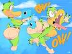 anthro bite bottomwear breasts butt butt_bite clothed clothing duo featureless_breasts female shorts topless vimhomeless sydney_swamp_(vimhomeless) crocodilian fish marine piranha_(fish) reptile scalie serrasalmid hi_res