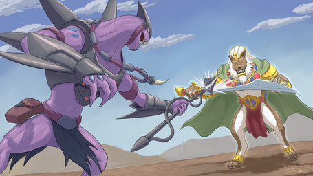 accessory angry anthro armor armwear battle bottomwear brown_body brown_fur cape claws clothing desert duo fight fur gold_accessory holding_object holding_weapon legwear loincloth male mane melee_weapon muscular muscular_male open_mouth polearm purple_body spear sword teeth weapon white_body white_fur white_mane pokegontc monster_legends hurtnivore roareth alien felid humanoid lion mammal monster pantherine 2024 digital_media_(artwork) hi_res
