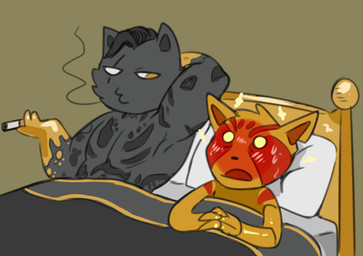 anthro bed black_hair black_markings blush cigarette duo empty_eyes fur furniture grey_body grey_fur hair holding_cigarette holding_object male markings muscular muscular_anthro muscular_male nude on_bed pillow reclining short_hair smoke yellow_body yellow_eyes yellow_fur swampjaws epic_games fortnite meowdas nyanja_(fortnite) felid feline mammal