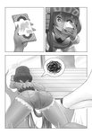 ambiguous_gender duo female feral fur park text jiffic nintendo pokemon sina_(pokemon) canid canine generation_7_pokemon human lycanroc mammal midday_lycanroc pokemon_(species) absurd_res comic digital_media_(artwork) hi_res monochrome