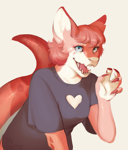 anthro big_tail blue_eyes bottomless breasts claws clothed clothing eyelashes female fingers fluffy fluffy_tail fox_ears fur glistening hair humanoid_hands light long_tail markings mouth_shot multicolored_body multicolored_fur multicolored_hair multicolored_tail open_mouth outline pink_body pink_tail pink_tongue pose scales shirt shirt_only simple_background smile solo spots spotted_body spotted_fur spotted_markings spotted_scales spotted_tail tail tail_dimple tail_markings teeth text thick_tail tongue topwear topwear_only two_tone_body wavy_tail white_body white_fur white_outline white_tail white_toes wide_hips lunargoose cafeine_(cafeine) canid canine fox hybrid kobold mammal scalie absurd_res artist_name half-length_portrait hi_res portrait shaded