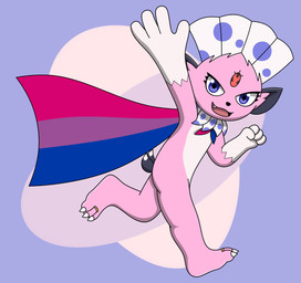 3_toes 4_fingers ambiguous_gender anthro bisexual_pride_colors cape claws clothing countershade_feet countershading digit_ring feathers feet fingers fur gesture jewelry lgbt_pride looking_at_viewer male open_mouth paws pink_body pink_fur pink_soles plantigrade pokemorph pride_colors purple_eyes ring running soles solo tail toe_claws toe_ring toes two_tone_feet two_tone_paws waving waving_at_viewer reggie_rakun nintendo pokemon fan_character kerolink generation_4_pokemon pokemon_(species) weavile absurd_res colored digital_media_(artwork) full-length_portrait hi_res portrait shaded