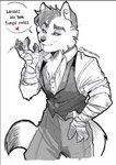 4_fingers anthro black_eyebrows black_text bottomwear cheek_tuft chest_tuft clothed clothed_anthro clothed_male clothing collared_shirt dress_shirt eyebrows facial_tuft fingers fluffy fluffy_tail fully_clothed fully_clothed_anthro fully_clothed_male fur hand_wraps head_tuft heart_symbol male male_anthro monotone_background motion_lines narrowed_eyes pants partial_speech_bubble pawpads shirt simple_background solo tail text topwear tuft vest white_background white_body white_fur wraps 666calistaxx_(artist) lackadaisy nicodeme_savoy domestic_cat felid feline felis mammal 2024 digital_drawing_(artwork) digital_media_(artwork) french_text signature spot_color