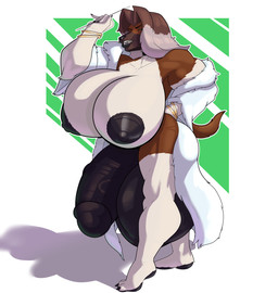 anthro areola balls big_balls big_breasts big_penis biped bracelet breasts brown_body brown_fur brown_hair clothed clothing eyebrows fur genitals gynomorph hair huge_balls huge_breasts huge_penis hyper hyper_balls hyper_genitalia hyper_penis intersex jewelry multicolored_body multicolored_fur nipples penis thick_thighs two_tone_body two_tone_fur white_body white_fur pillowymounds celia_dodge canid canine canis domestic_dog mammal hi_res