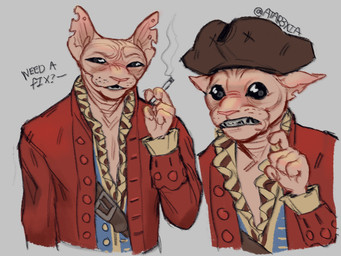 anthro black_eyes blue_clothing blue_topwear blue_vest cigarette clothed clothing ears_down fully_clothed gesture grey_background hairless hand_gesture hat headgear headwear holding_cigarette holding_object jacket male multiple_angles pivoted_ears pointing pointy_ears red_clothing red_jacket red_topwear rococo_clothing sharp_teeth simple_background solo tan_body tan_skin teeth text topwear tricorne vest wearing_hat atar3xia fallout microsoft hancock_(fallout) domestic_cat felid feline felis hairless_cat mammal sphynx_(cat) artist_name english_description english_text half-length_portrait hi_res portrait