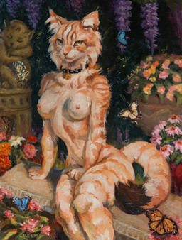 anthro bell bell_collar biped black_body black_fur breasts cheek_tuft collar collar_only facial_tuft female flower fur garden green_eyes multicolored_body multicolored_fur nipples nude nude_anthro nude_female orange_body orange_fur pink_nipples pink_nose plant solo striped_body striped_fur stripes tan_body tan_fur tuft creeps ambient_arthropod ambient_butterfly ambient_insect domestic_cat felid feline felis mammal 2026 hi_res oil_painting_(artwork) painting_(artwork) traditional_media_(artwork) traditional_painting_(artwork)