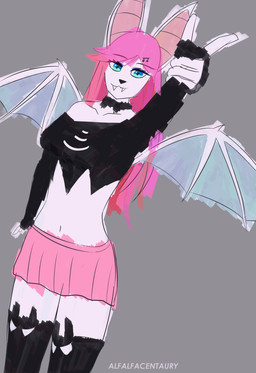 animated_gif anthro bat_wings bottomwear choker clothing crop_top eyeshadow fangs female fur hair jewelry legwear long_sleeves makeup membrane_(anatomy) membranous_wings necklace open_mouth pink_hair shirt shoulderless_topwear skirt solo teeth text thigh_highs topwear white_body white_fur wings alfalfacentaury bat mammal 2d_animation animated hi_res short_playtime