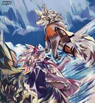 anthro clothing duo eye_contact looking_at_another male markings necktie outside partially_submerged smile standing underwear petadodu lifewonders tokyo_afterschool_summoners bael_(tas) seth_(tas) canid canine canis demon jackal mammal 2024 signature