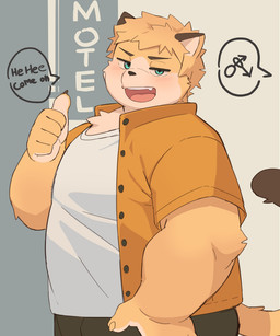 5_fingers anthro big_tail biped black_bottomwear black_clothing black_ear_tips black_pants black_tail_tip blonde_hair blue_eyes blush blush_lines bottomwear cheek_tuft chest_tuft clothed clothing countershading curvy_figure dipstick_ears dipstick_tail ear_markings facial_tuft fingers fully_clothed fur gesture hair hand_gesture hand_on_hip iconography jacket kemono male markings motel multicolored_body multicolored_ears multicolored_fur narrowed_eyes offscreen_character open_clothing open_jacket open_mouth open_topwear orange_clothing orange_jacket orange_topwear overweight overweight_male pants pink_tongue pupils requesting sex_request shirt simple_background slightly_chubby smile smug solo standing tail tail_markings tan_body tan_fur teal_eyes teeth text thick_thighs three-quarter_view thumbs_up tongue topwear tuft two_tone_body two_tone_fur two_tone_tail white_clothing white_sclera white_shirt white_topwear yellow_body yellow_fur yellow_tail moki_(artist) domestic_cat felid feline felis mammal 5:6 colored digital_drawing_(artwork) digital_media_(artwork) english_text flat_colors hi_res shaded simple_shading