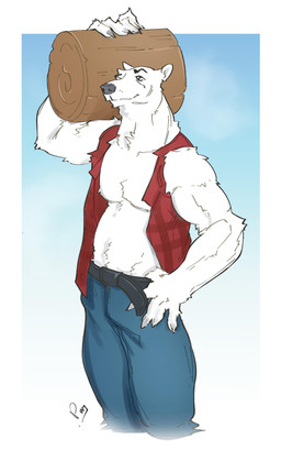 anthro belt bottomwear clothing denim denim_bottomwear denim_clothing fur jeans log male pants smile solo topwear vest white_body white_fur wood pastawatr bear mammal polar_bear ursine absurd_res hi_res