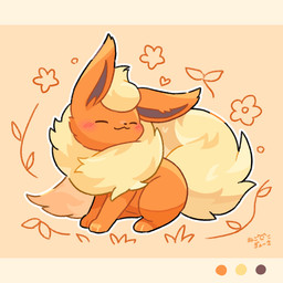 ambiguous_gender blush blush_lines color_swatch eyes_closed feral flower_symbol fluffy fluffy_tail fur grass orange_body orange_fur paws plant simple_background solo tail yellow_body yellow_fur nekogyo122 nintendo pokemon eeveelution flareon generation_1_pokemon pokemon_(species) 1:1 2026 hi_res letterbox signature