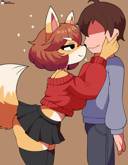 5_fingers anthro biped black_bottomwear black_clothing black_eyes black_legwear black_nose black_skirt black_thigh_highs blue_clothing blue_topwear bottomwear brown_hair butt claws closed_smile clothed clothed_anthro clothed_female clothed_human clothed_male clothing dipstick_ears dipstick_tail duo ear_markings female female_anthro finger_claws fingers flirting fur hair hand_on_cheek legwear looking_at_another male male/female male_human markings midriff mouth_closed multicolored_body multicolored_ears multicolored_fur navel orange_body orange_fur orange_tail pants pink_inner_ear pointy_ears raised_tail red_clothing red_sweater red_topwear shoulderless_sweater simple_background skirt smile sparkles squish sweater tail tail_markings tan_body tan_skin text thigh_highs thigh_squish topwear white_body white_ear_tips white_fur white_tail_tip voider_(artist) bully_fox canid canine fox human mammal 2025 absurd_res artist_name digital_media_(artwork) hi_res url