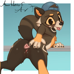 accessory anthro anus arm_markings arm_tuft aroused aroused_face aroused_smile bent_over big_butt black_claws black_nose blue_accessory blue_background blue_clothing blue_hat blue_headgear blue_headwear blush brown_body brown_butt brown_fur brown_vulva butt butt_focus cheek_tuft chest_tuft claws clothing countershade_face countershade_fur countershade_torso countershading elbow_tuft eyebrows eyelashes facial_markings facial_tuft female fur fur_markings genitals glistening glistening_anus glistening_body glistening_butt glistening_eyes glistening_genitalia glistening_vulva hand_on_butt hat head_markings head_tuft headgear headwear inner_ear_fluff knee_tuft leaning leg_markings leg_tuft looking_at_viewer looking_back looking_back_at_viewer markings multicolored_body multicolored_fur multicolored_tail naughty_face naughty_smile open_mouth orange_body orange_fur orange_inner_ear orange_inner_ear_fluff orange_sclera pink_anus pink_tongue pink_vulva plump_labia presenting presenting_anus presenting_hindquarters presenting_vulva rear_view seducing_viewer seductive shoulder_markings shoulder_tuft simple_background smile smiling_at_viewer solo spread_anus spread_butt spread_vulva spreading tail tan_body tan_countershading tan_fur thick_thighs thigh_markings thigh_tuft tongue tongue_out tuft vulva conditional_dnp marbleous dominique_(matixotter) gulonine mammal marten mustelid musteline pine_marten 1:1 hi_res