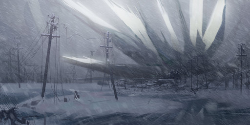 ambiguous_gender anthro clothed clothing coat faceless_ambiguous faceless_anthro faceless_character grey_clothing grey_coat grey_hair grey_topwear hair melee_weapon obscured_eyes outside power_lines rear_view snow snowing solo standing storm sword tail topwear unsigned weapon white_tail awaldkize absurd_res hi_res