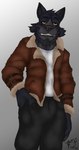 black_body black_fur clothed clothing fully_clothed fur hand_in_pocket looking_at_viewer pockets smile toggle_(artist) canid canine canis mammal wolf hi_res